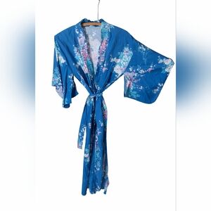 1970s Japanese Blue Floral Kimono Robe 100% Cotton Made in Japan Peacock